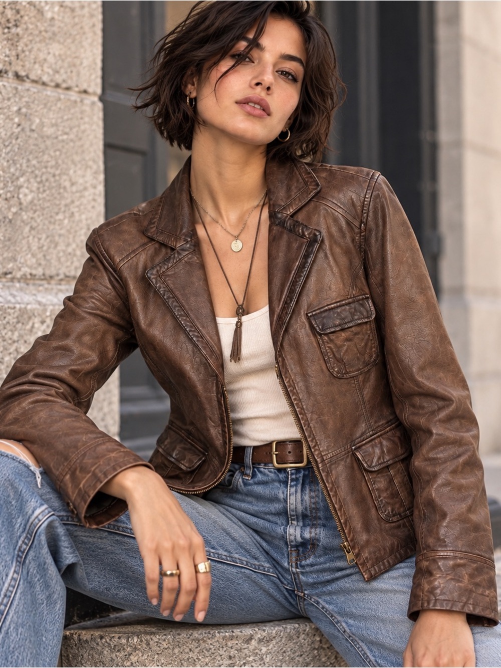 Vintage GAP Brown Leather Jacket Size S Y2K Distressed Utility Blazer Zip Front